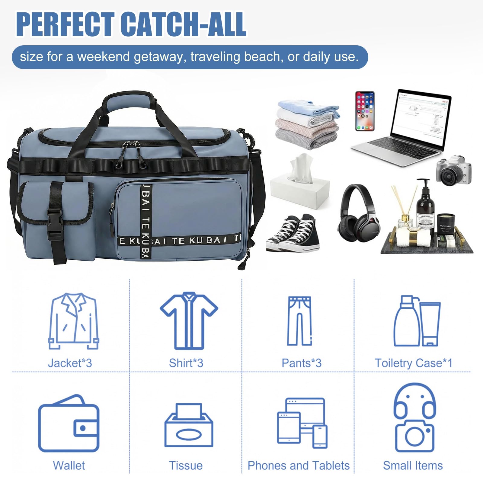 Bolsa de deporte de viaje para hombre y mujer, grande, 65 L, con compartimento para zapatos y compartimento húmedo, gran capacidad, bolsa de viaje, bolsa de natación, bolsa de dormir (azul) — view 6