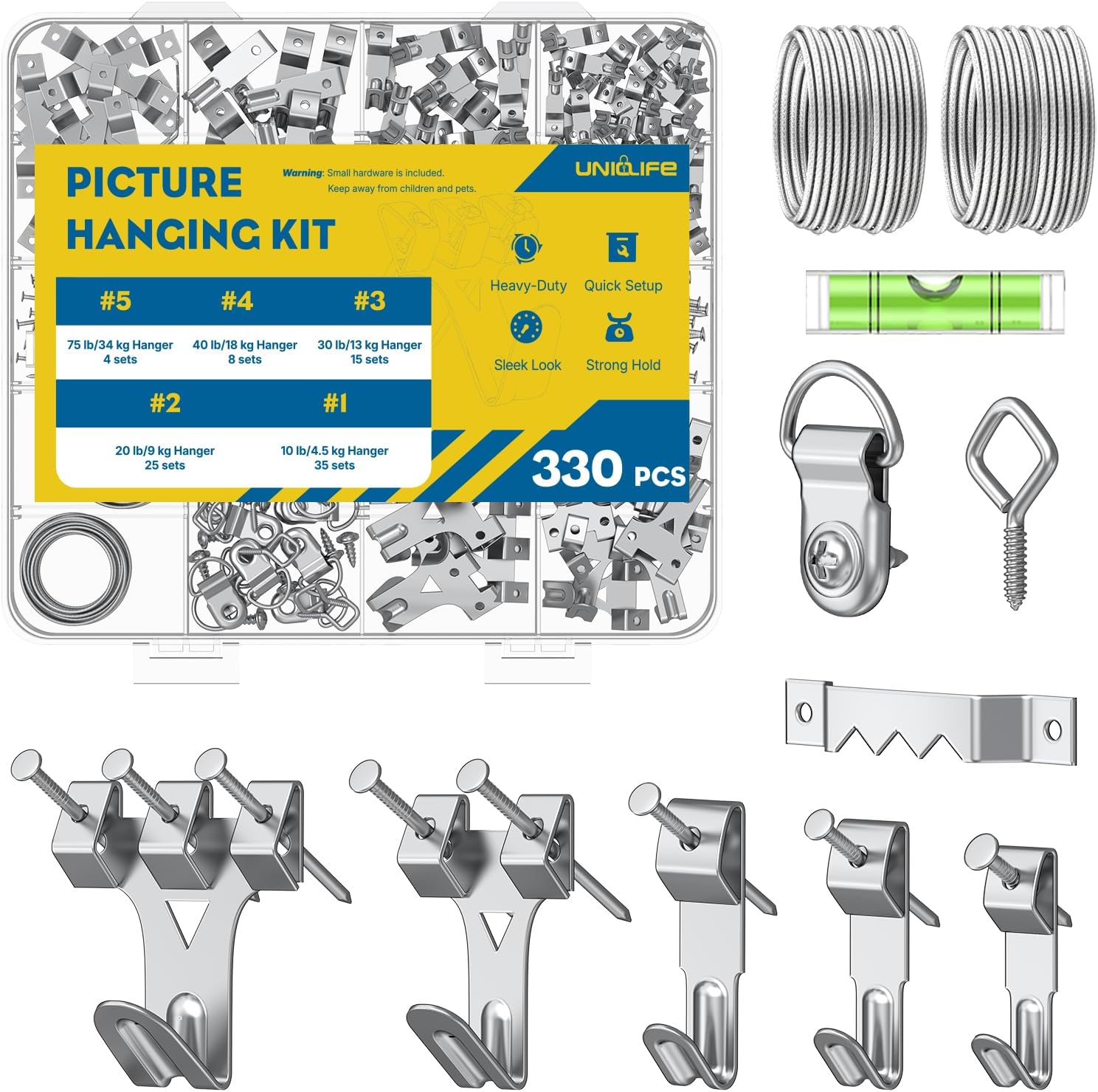 Uniclife 330 Pcs Heavy Duty Picture Hanging Kit, 10 lb, 20 lb, 30 lb, 40 lb, 75 lb Picture Hanging Hooks with Nails, D Ring Picture Hangers Sawtooth Picture Hangers Picture Hanging Wires & Screw Hooks