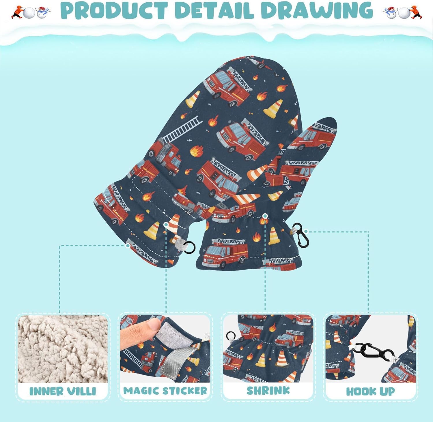 Caikeny キッズ スノーミトン 消防車 パターン ブルー 幼児 暖かい手袋 冬 スキーミトン 女の子 男の子 赤ちゃん 2-4