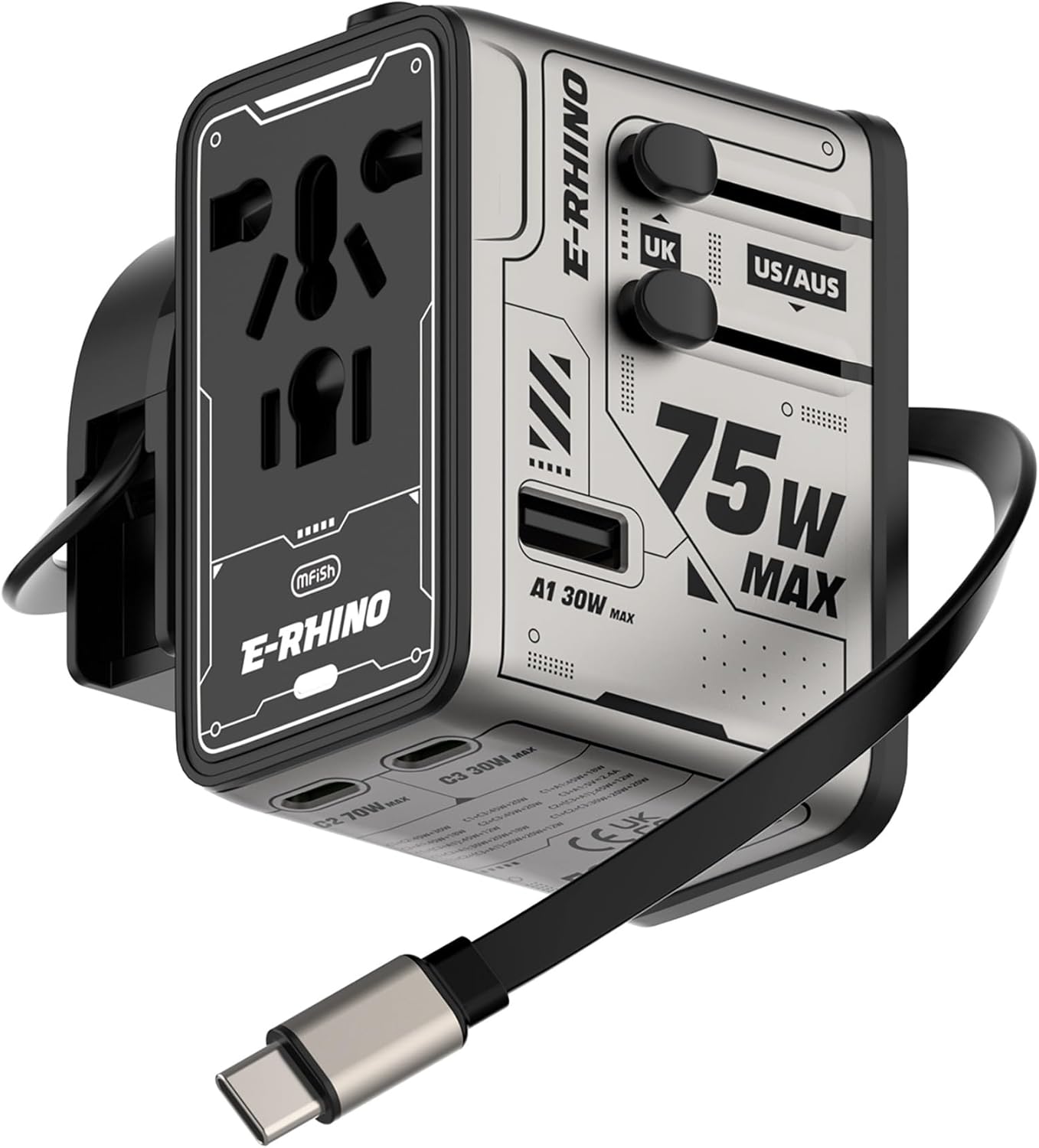 Mfish Universal Travel Adapter with Retractable USB-C Cable, 75w 5-Port International Plug Adapter, 1 USB-A, 3 Type-C, Worldwide Wall Charger for EU/UK/AUS/CN Compatible with Over 200 Countries, Grey