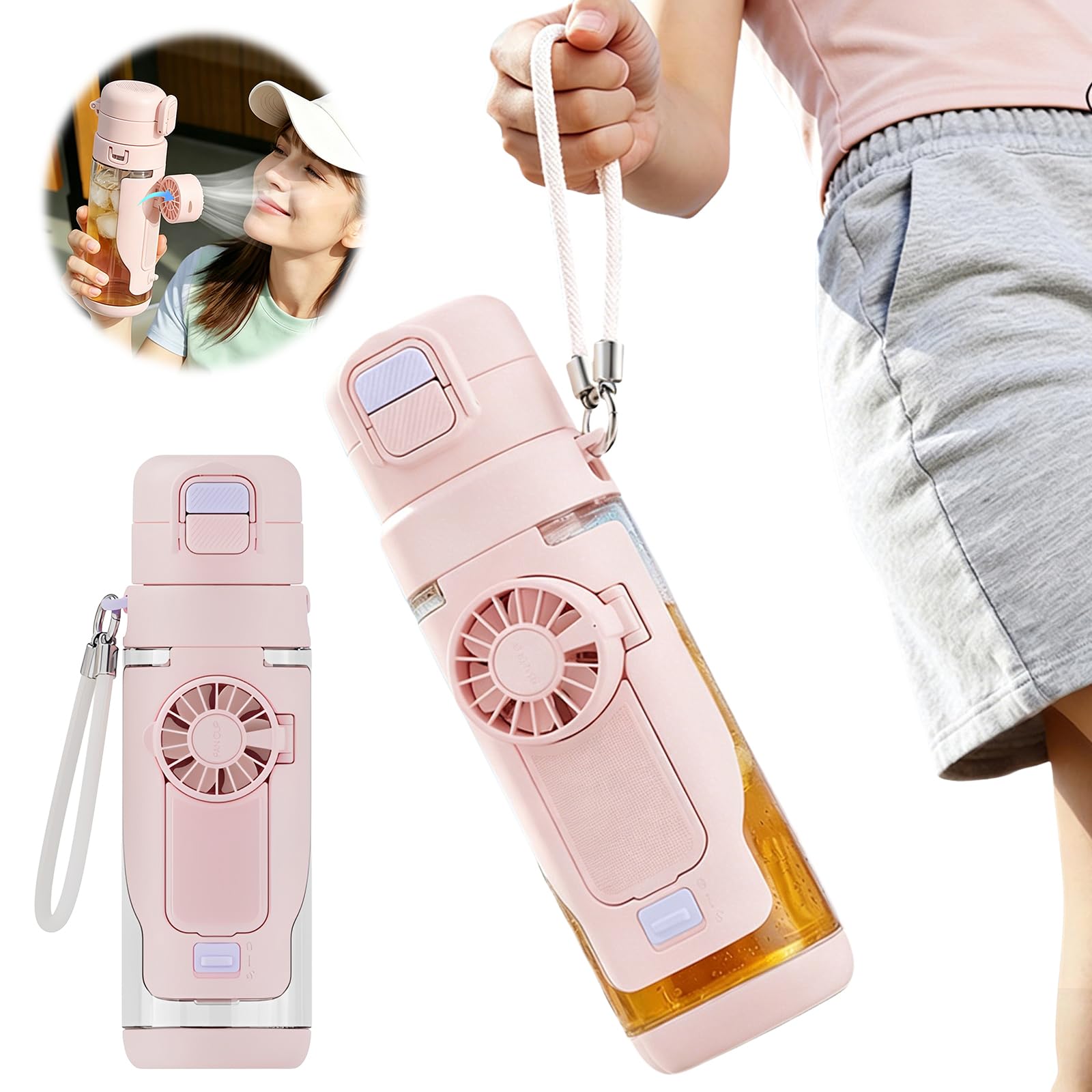 2-in-1 Sommer-Trinkbecher mit abnehmbarem 3-Gang-Handventilator, transparent, kreativ, auslaufsicher, Wasserbecher für Outdoor, Fitnessstudio, Reisen