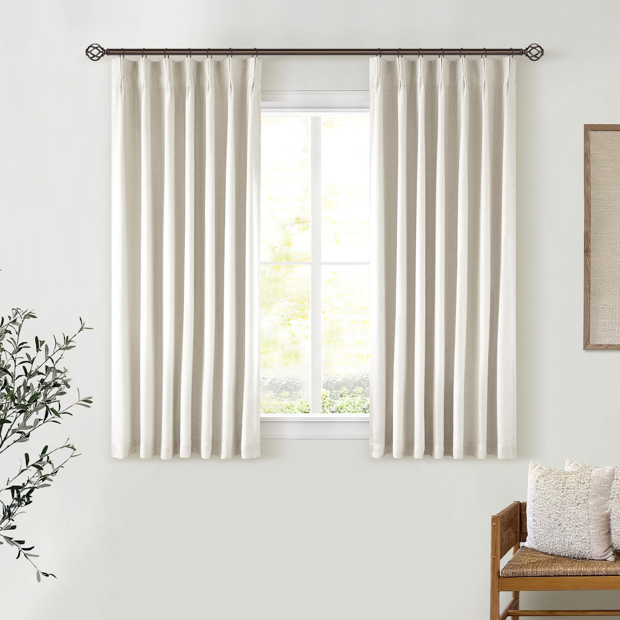 Cream Short Linen Curtains for Small Window 2 Panel Set Kitchen Curtains 45 Inch Length Pinch Pleated Back Tab 100% Blackout Natural Linen Room