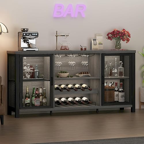 Miniatura 19 de Launica Gabinete de bar de vino negro, gabinete de barra de café con almacenamiento, gabinetes de buffet de cocina de granja con estante para café