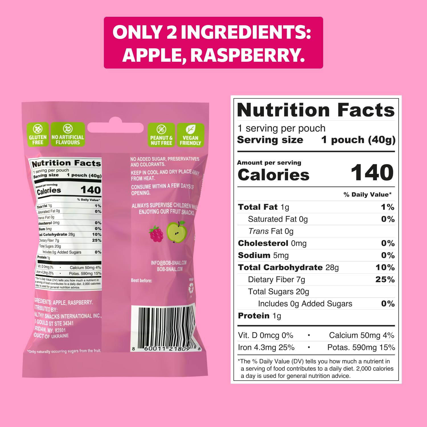 Bob Snail Fruit Gummy Bites – Apple Raspberry flavor, 12-Pack (480g), Real Fruit Snacks with No Added Sugar, Vegan & Gluten-Free Mini Bites for Kids & Adults