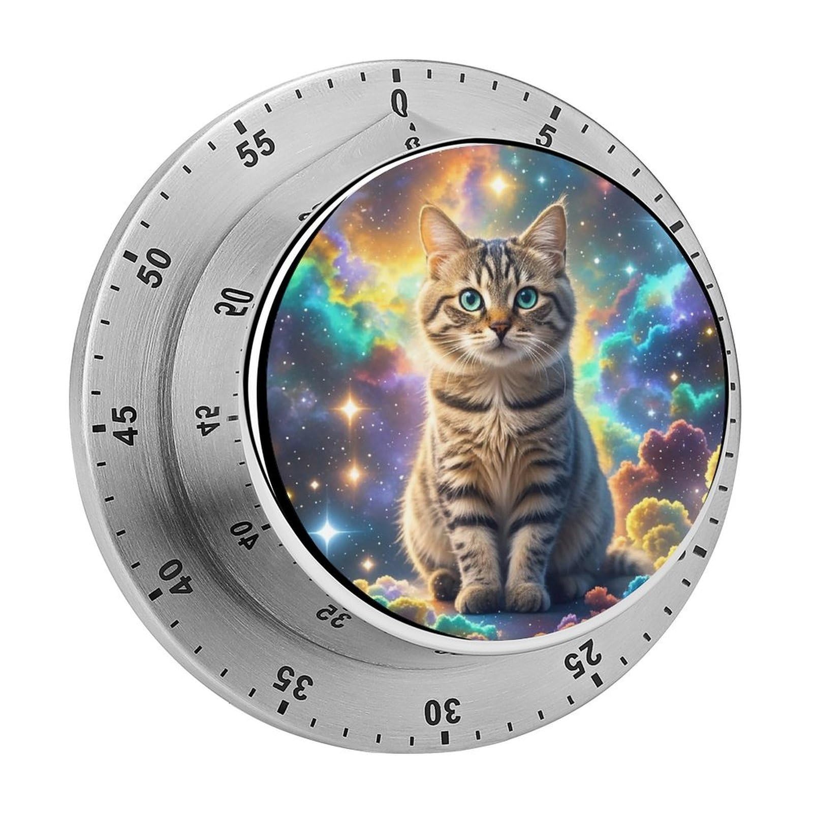 Cat Sitting Inside Nebula Timer Fashion Visual Timers Wind Up 60 Minutes Desk Timers Stainless Steel Magnetic Timer Countdown Clock No Batteries Loud Alarm for Kitchen Chef Cooking