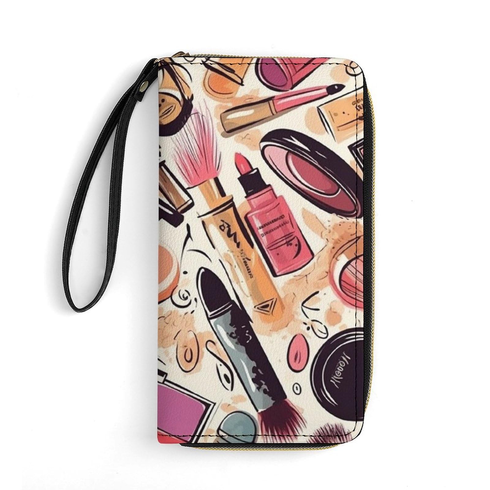 VFMNT Cosmetic And Makeup Theme Pattern Wallet Large Capacity Leather Wallet Zip Around Phone Clutch Travel Purse for Men Women