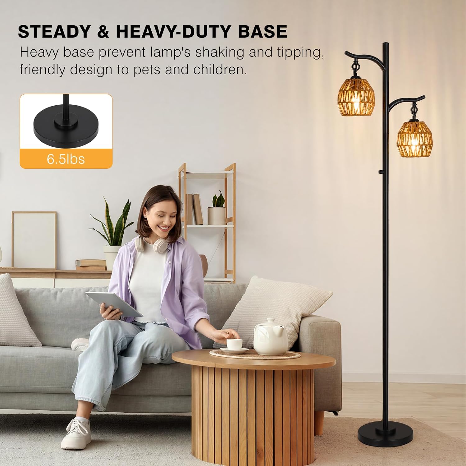 9MMML Rattan Floor Lamp for Living Room, Boho Floor Lamp with 2 Hanging Rattan Lamp Shade, 67'' Farmhouse Dimmable Black Standing Lamp with Rotary Switch for Bedroom, 2 x 800LM LED Bulbs Included