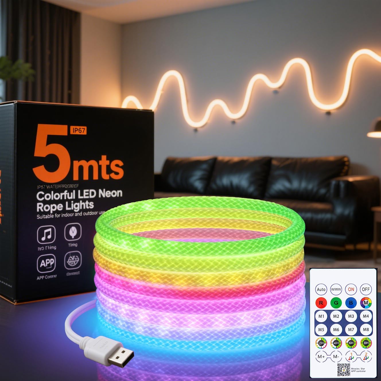 Rope Lights, 16.4FT LED Rope Light DIY, Music Synchronization, Outdoor IP67 Waterproof, Used for Bedroom and Wall Decoration, Music Synchronization, Bedroom, Gaming, Party, Christmas