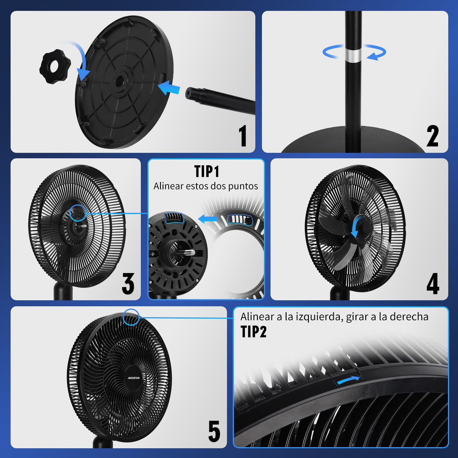 Aigostar Ventilador de Pie Silencioso, Oscilación de 120º, 7 Aspas, Mando a Distancia, Pantalla Táctil, Temporizador 12 h, 3 Velocidades, 3 Modos, Ventilador de Pie y de Sobremesa 2 en 1, 91/125 cm