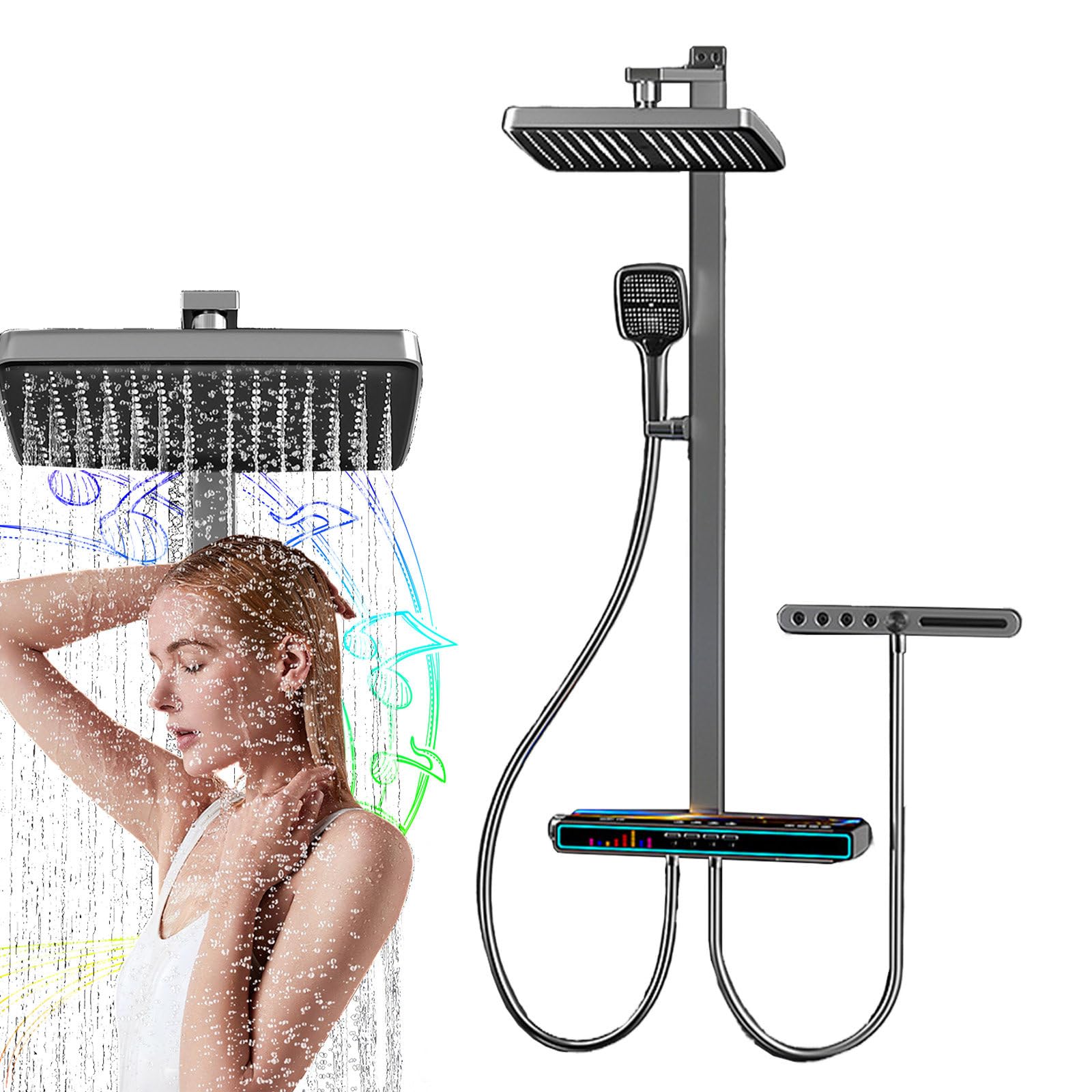 Sistema doccia musicale a LED con soffione a pioggia, doccetta portatile e miscelatore a cascata, batteria da 4000 mAh, per un'esperienza di relax e lusso