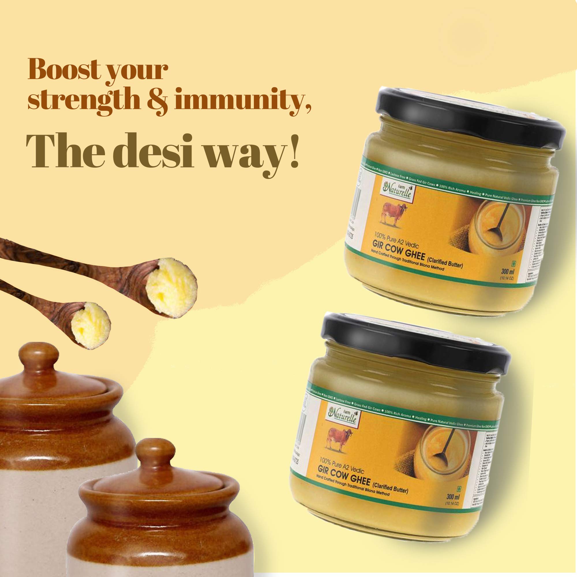 Farm NaturelleA2 Desi Cow Ghee from Grass Fed Gir Cows,Vedic Bilona MethodCurd ChurnedGolden