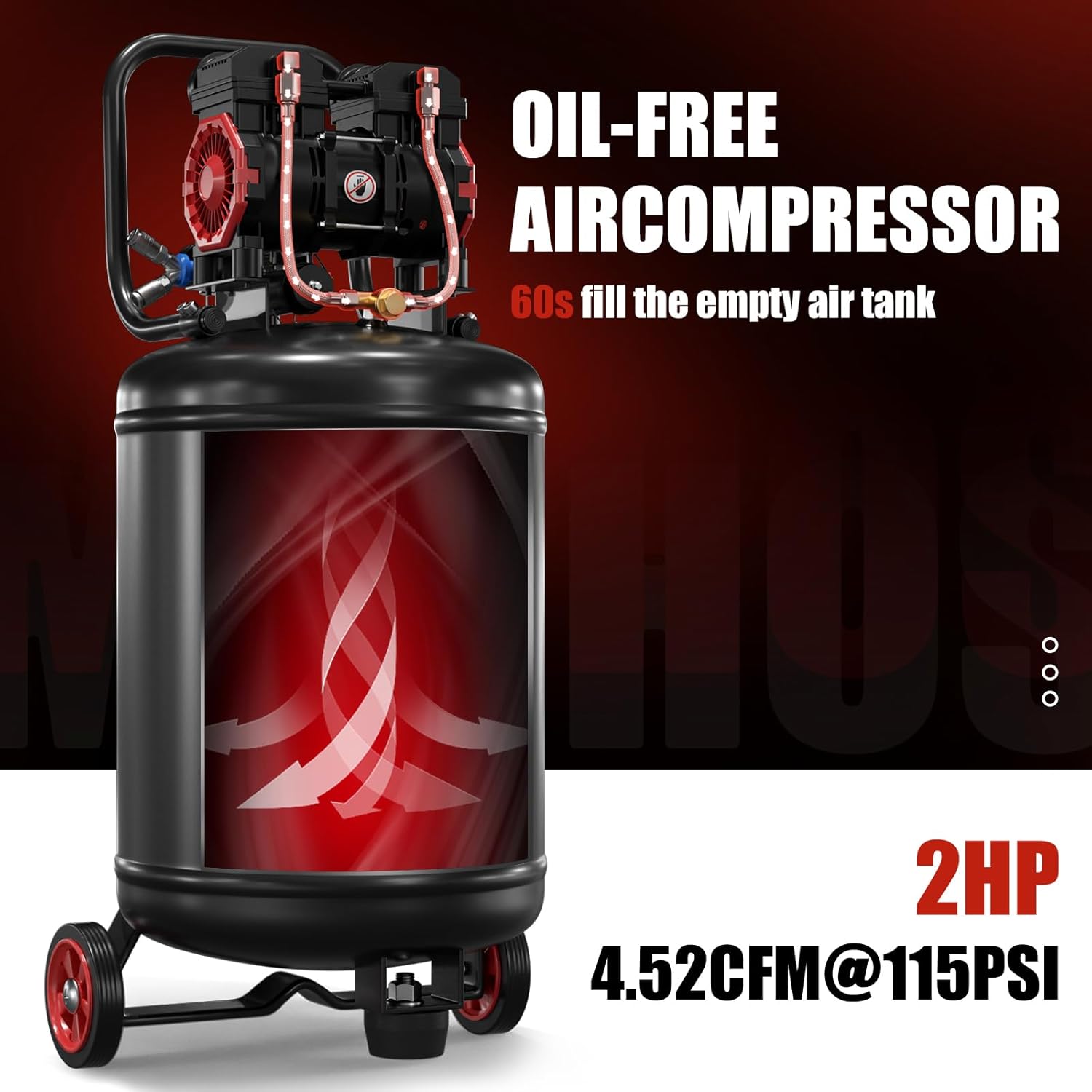 Portable Air Compressor with 14 Gallon Steel Tank, 2 HP 4.52 CFM @ 90 PSI, 116 Max PSI Oil-Free Air Compressor for Garage, Home Use, Tire Inflation, Nail Gun, DIY Projects,110V - Image 3
