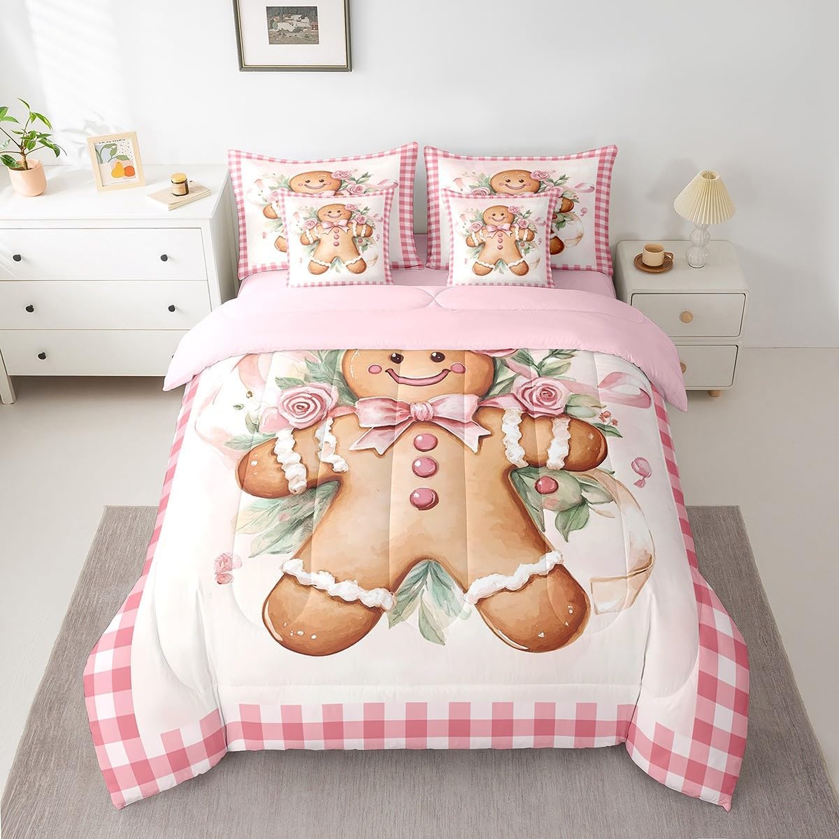 Gingerbread Man Bedding Set Queen Size,Pink Christmas 7 Pieces Comforter Set for Kids Girls Boys Women Room Decor,Geometric Pink White Grid Bed Sheets Winter Sweet Bed in a Bag,2 Pillowcases