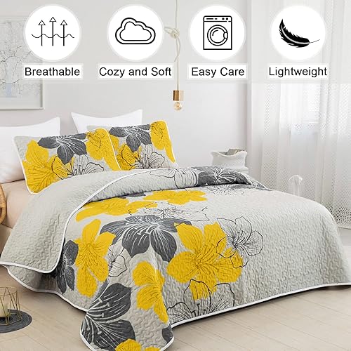 Miniatura 2 de Juego de edredón de 3 piezas, tamaño Queen, con patrón floral amarillo, elegante colcha bohemia con 2 fundas de almohada, juego de ropa de cama de