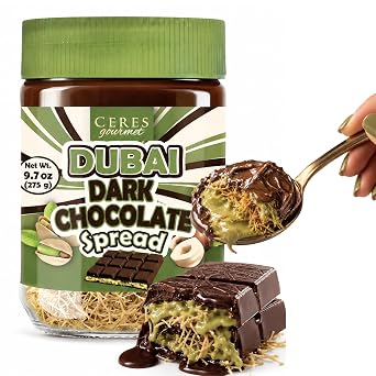 Ceres Gourmet Dubai Chocolate Spread Pistachio 9.7oz, Premium Spreadable Dubai Dark Chocolate with Pistachio Cream and Crispy Kataifi, Smooth and Crunchy Textured Viral Breakfast Snack and Gift Jar