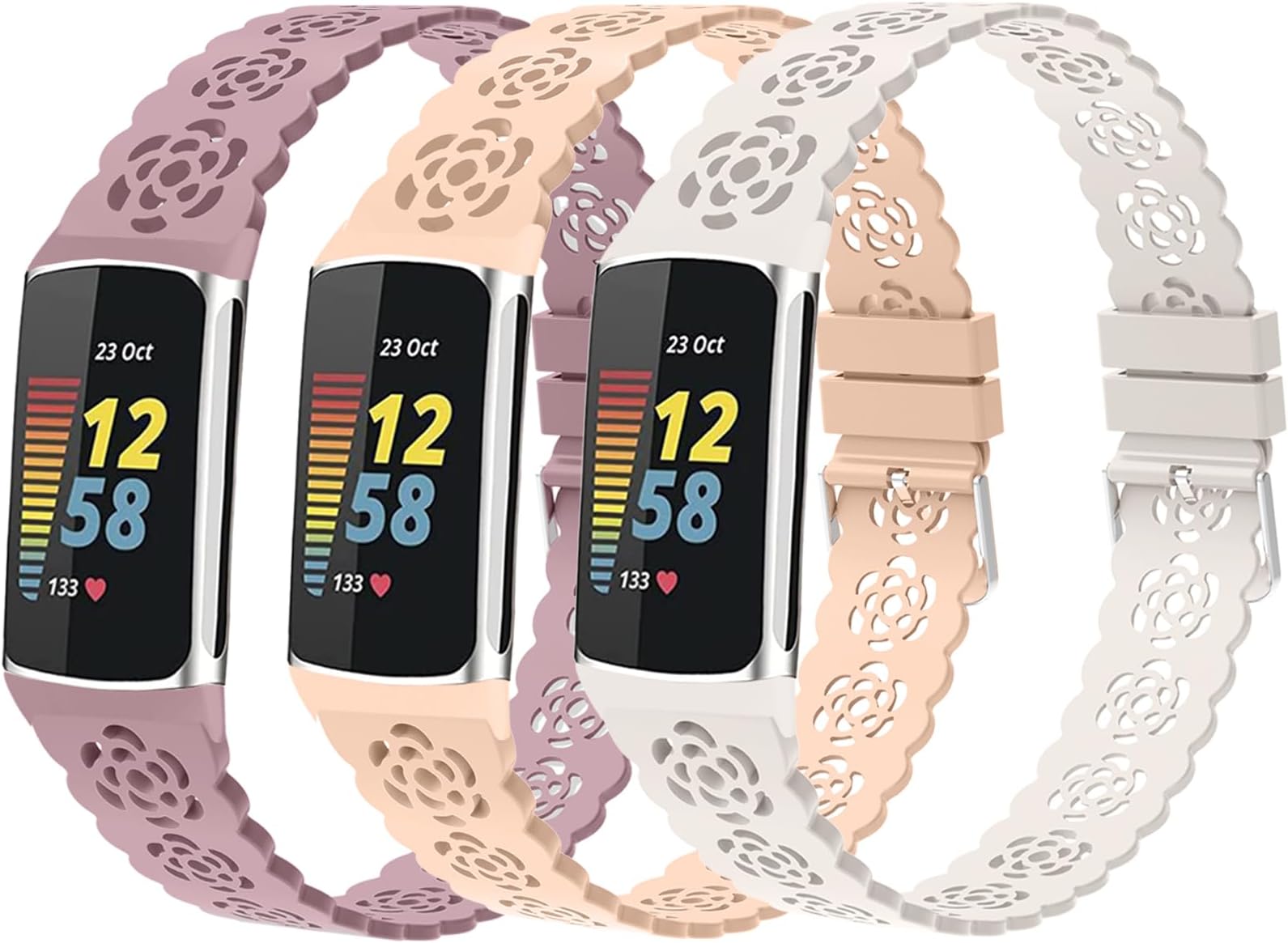 3-Pack Elastic Nylon & Slim Silicone Bands Compatible with Fitbit Charge 6/ Charge 5, Adjustable Breathable Replacement Stretchy Nylon Loop & Lace Silicone Wristband Sport Strap for Women Men