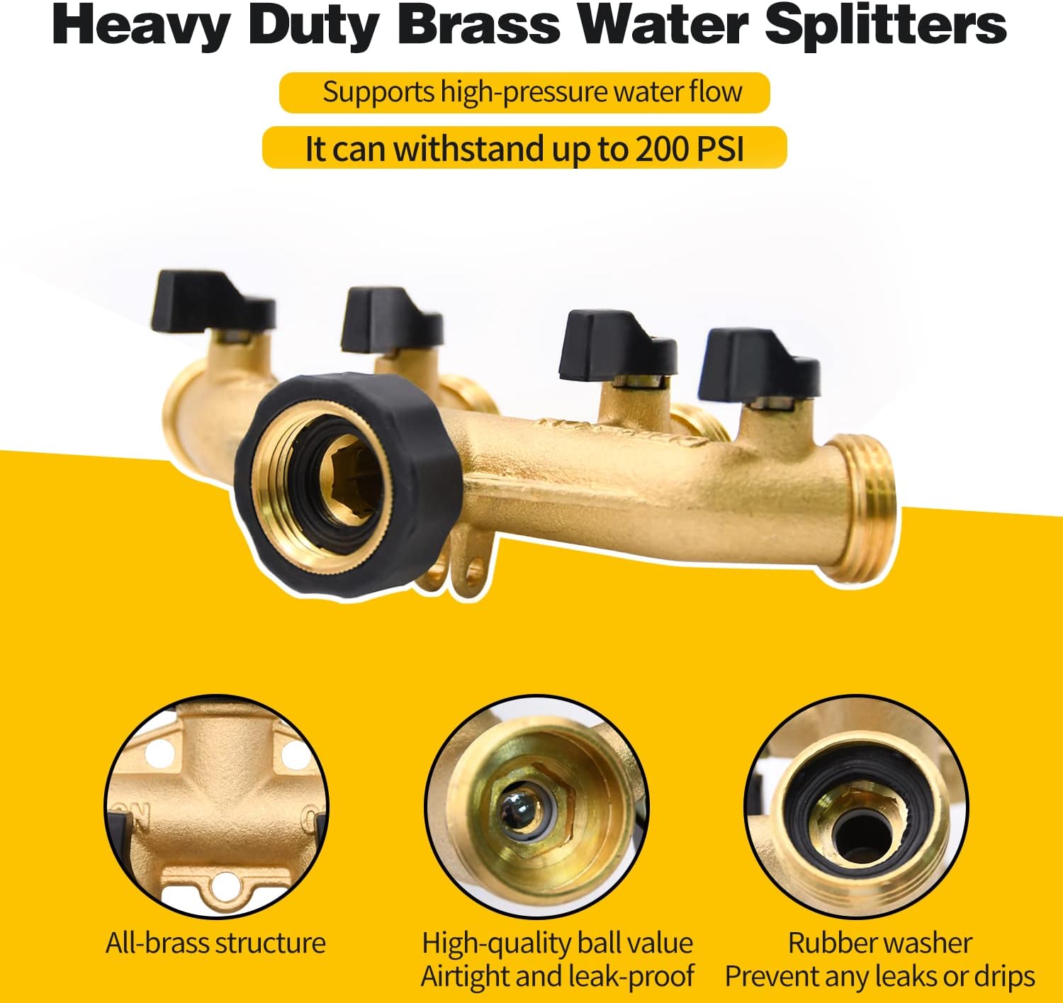 2 Pack Hose Splitter, 4 Way Heavy Duty Brass Garden Hose Splitter, for 3/4" Hose Connector, Brass Garden Hose Manifold with Rubber Washers & Tapes(2 pack 4 way)
