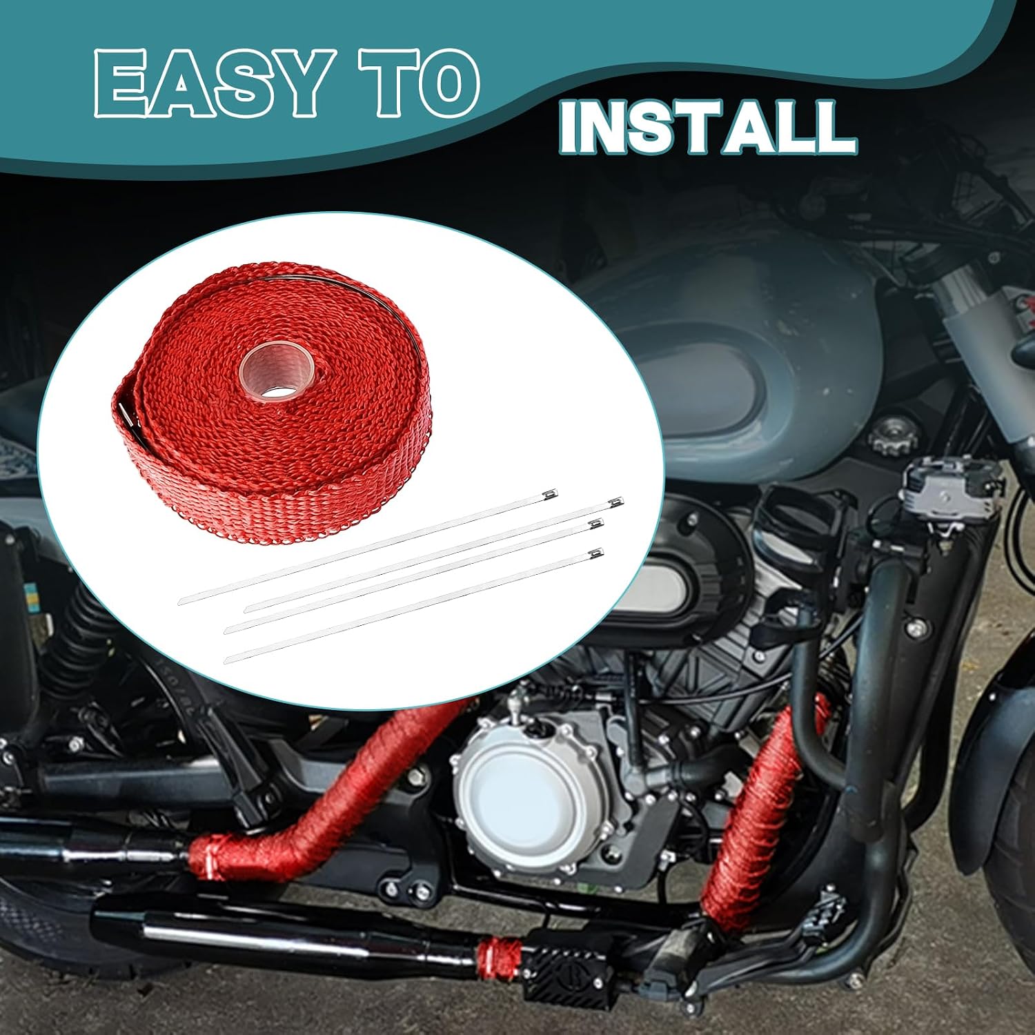 Exhaust Pipe Insulation Thermal Heat Wrap 16.4FT Titanium Fiberglass Hose Heat Shield Roll Sleeve with 4PCS Stainless Ties Stainless Steel Ties for Motorcycle Car Truck (Red, 16.4FT)