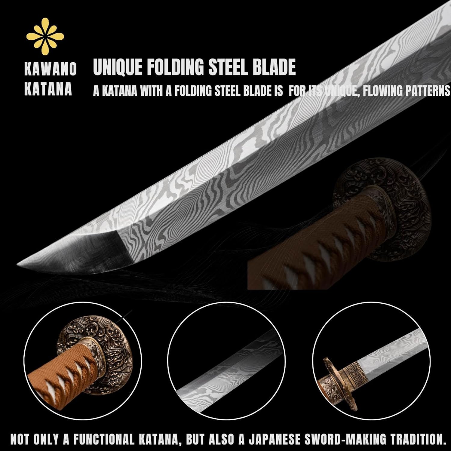 KAWANO Katana Sword, Japanese Handmade Damascus Steel Folded Samurai Sword, Functional Full Tang Blade Katana, Real Rayskin Handle with Gift Bag