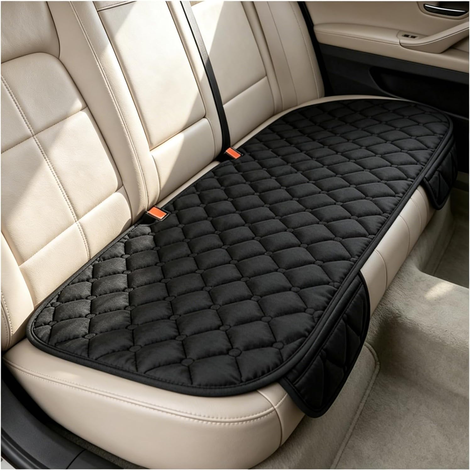 New Car Back Seat Cover with Side Pockets,Non-Slip Car Rear Seat Cover for Protection & Storage,Breathable & Long Plaid Textured Rear Bench Seats Covers for Cars