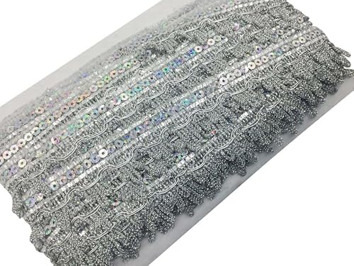 14 Yards 1.18 Inch Elastic Sparkle Bling Gleaming Stretch Ribbon Elastic Sequins Lace Trim Spool Sewing String Applique Bridal Wedding Applique Crafts (Silver) #TOP2