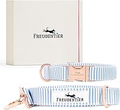FREUDENTIER® Lighthouse Collection Dog Collar and Dog Lead Made of Summer Canvas - 2 m Long Lead, 3-Way Adjustable (30-42 cm, Light Blue/White)