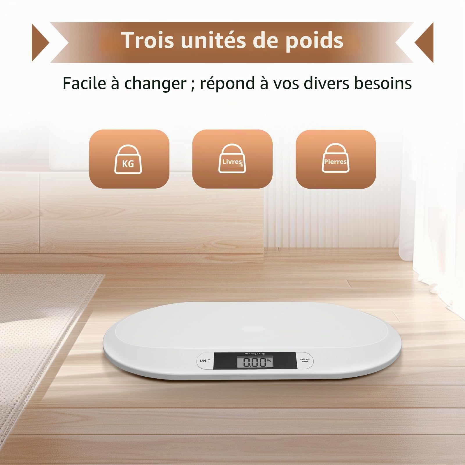 Bilancia per bambini fino a 20 kg, écran LCD, 3 modes de pesage, couleur : blanc