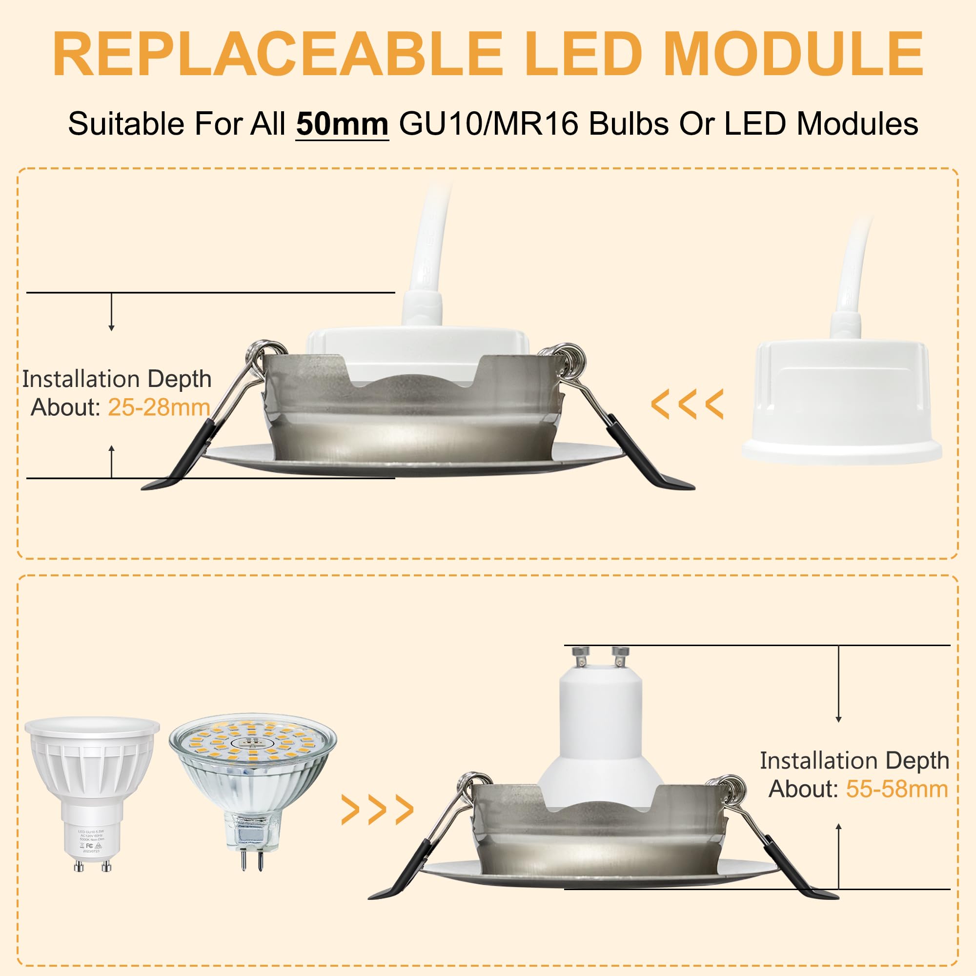 LED Einbaustrahler 230V Dimmbar 68mm 5.5W IP44 LED Spots Ultra Flach Deckenspots 45° Schwenkbar Einbauleuchten Warmweiß Neutralweiß Kaltweiß Einbauspots für Bad Wohnzimmer, Nickel 6er Set