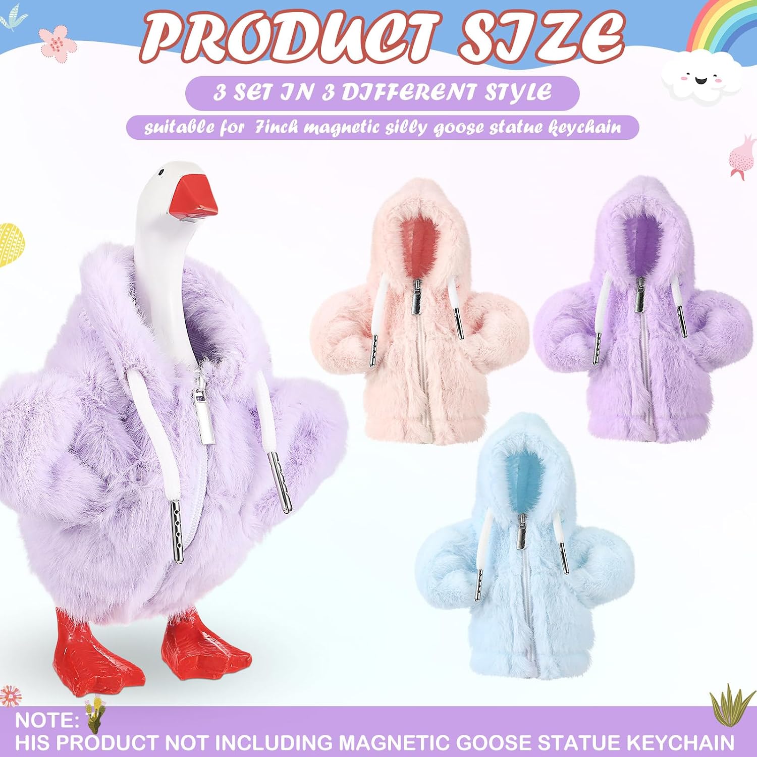 3 Pcs 7 Inches Desk Goose Outfits Mini Desk Goose Fluffy Hooded Coat Pink Blue Purple Plush Zip-up Coat Hoodie Costume Table Duck Accessories for Magnetic Duck Statue Table Decor