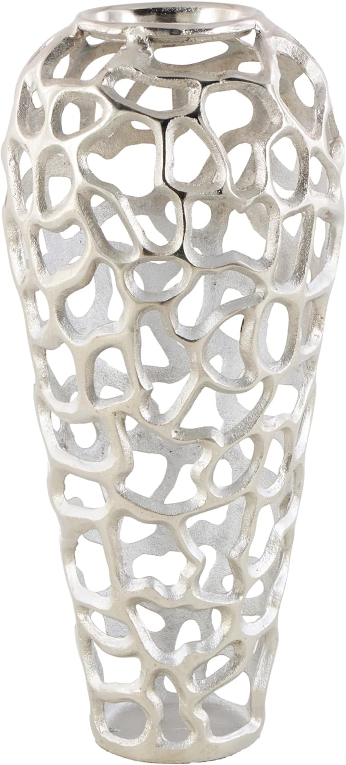 Deco 79 Aluminum Metal Decorative Vase Cutout Coral Centerpiece Vase, Vase for Home Decoration 8" x 8" x 19", Silver