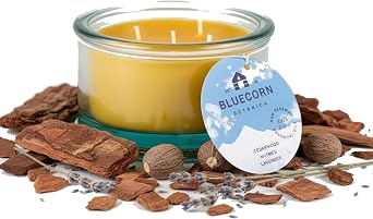 Bluecorn Botanica Beeswax 3-Wick Candle Cedarwood, Nutmeg & Lavender, 100% Pure Beeswax & Essential Oils 10oz Hand-Blown Recycled Spanish Glass Non Toxic, Clean Burning, Refillable Glass Jar