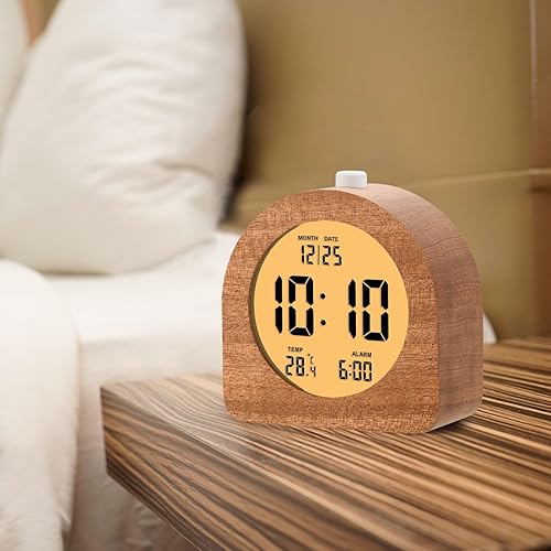 Miniatura 5 de Plumeet Reloj despertador digital de madera para dormitorios, reloj despertador de madera con batería de 4 pulgadas con repetición y luz nocturna,
