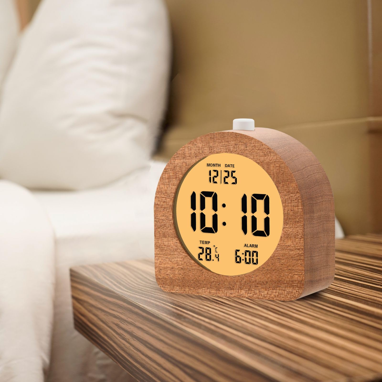 Plumeet Reloj despertador digital de madera para dormitorios, reloj despertador de madera de 4 pulgadas con repetición y luz nocturna, reloj electrónico LCD de escritorio que muestra la hora, fecha,