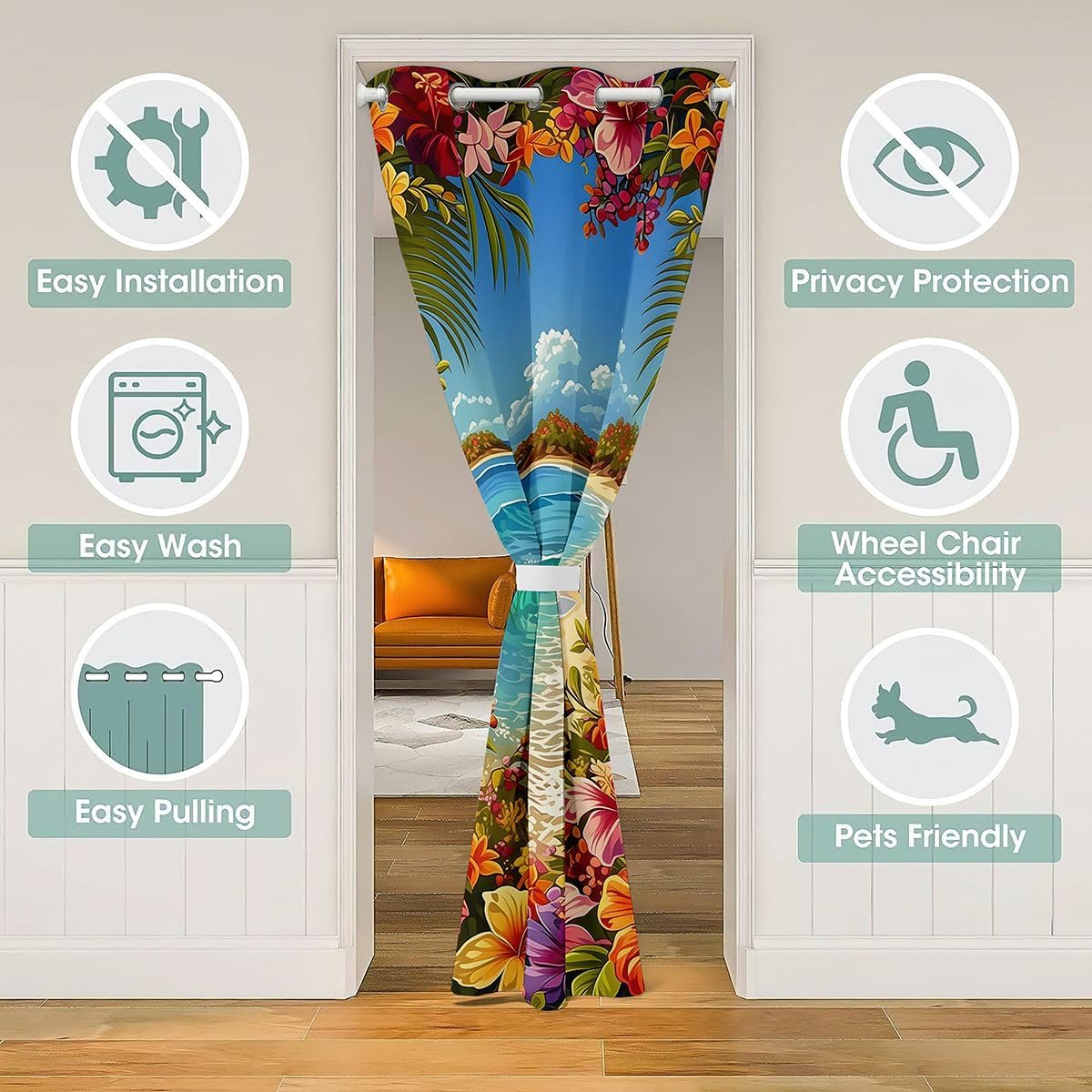 Castle Fairy Tropical Flowers Doorway Curtain Privacy,Sea Waves Seaside Beach Door Curtain for Kids Teens Adults,Summer Vacation Theme Door Drape for Clost,1 Panel 42" W X 84" L