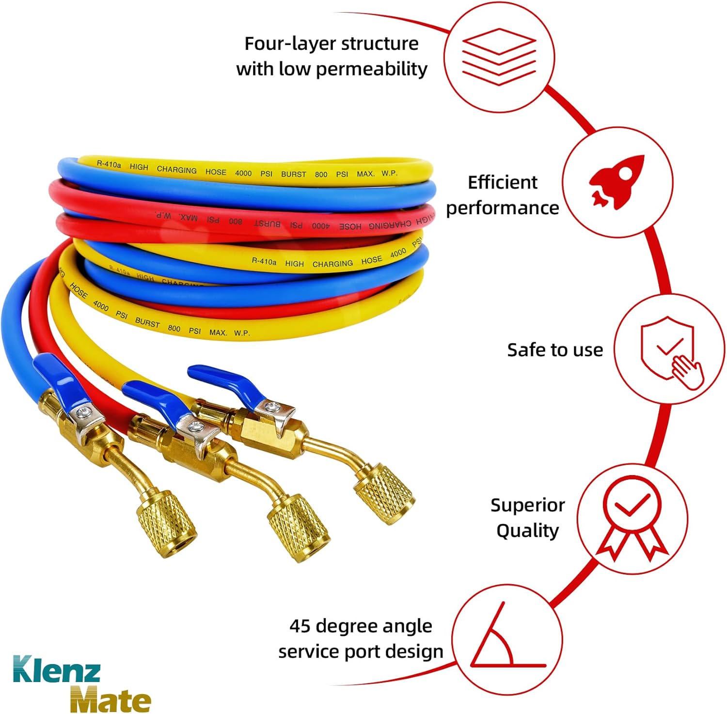 2026 Upgrade 12FT Plus II 1/4” HVAC Hose with Compact Ball Valve, 144" (12FT), Extended Refrigerant Hose with Standard 1/4" Flare Fittings, for R-22/R-410A/R-134A, Yellow/Red/Blue (3-Pack)