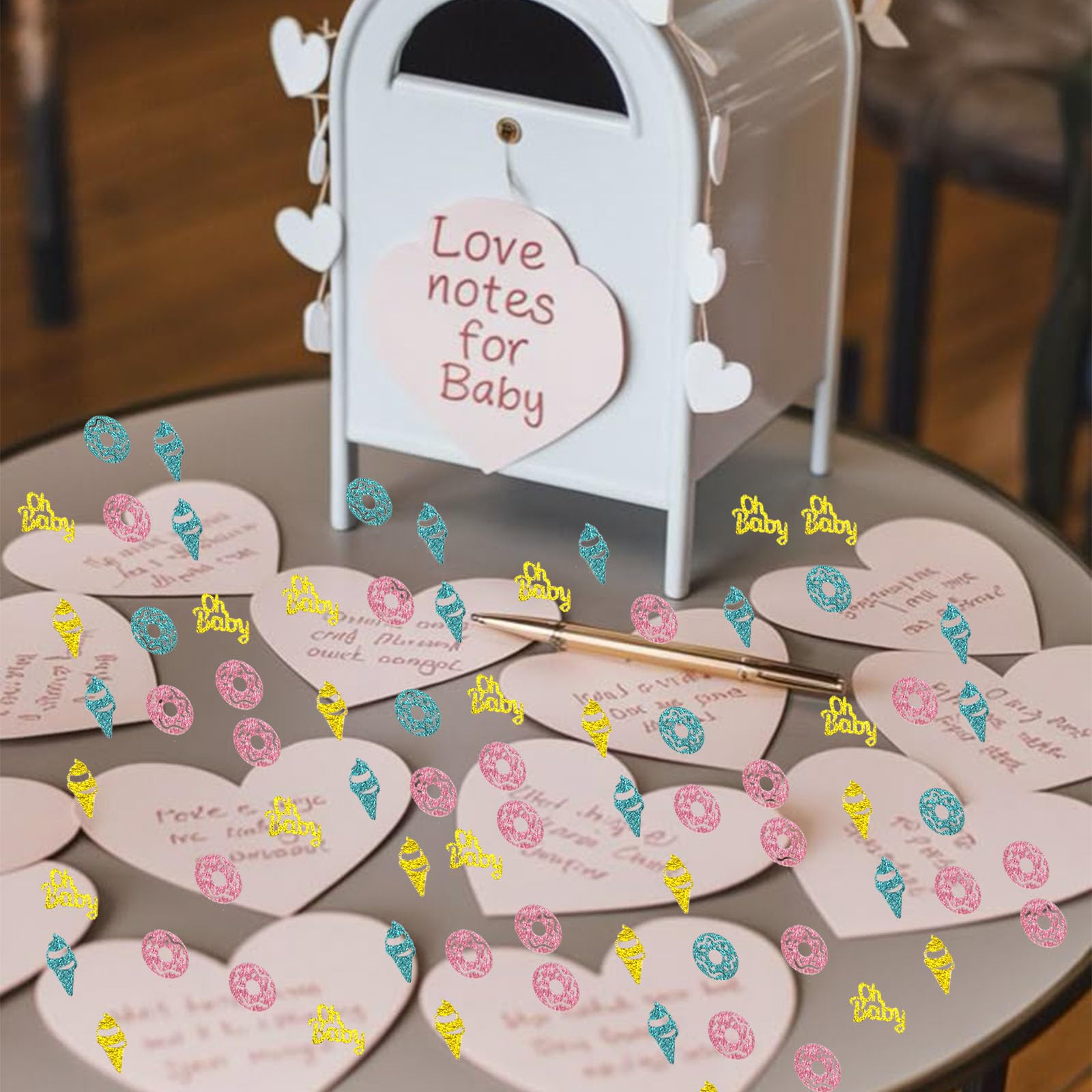 Gender Reveal Konfetti für Tischdekorationen, glitzernde rosa blaue Oh Baby Pailletten Metallic Folie Donut Eiscreme Tischkonfetti für Babyparty Geburtstag Party Supplies