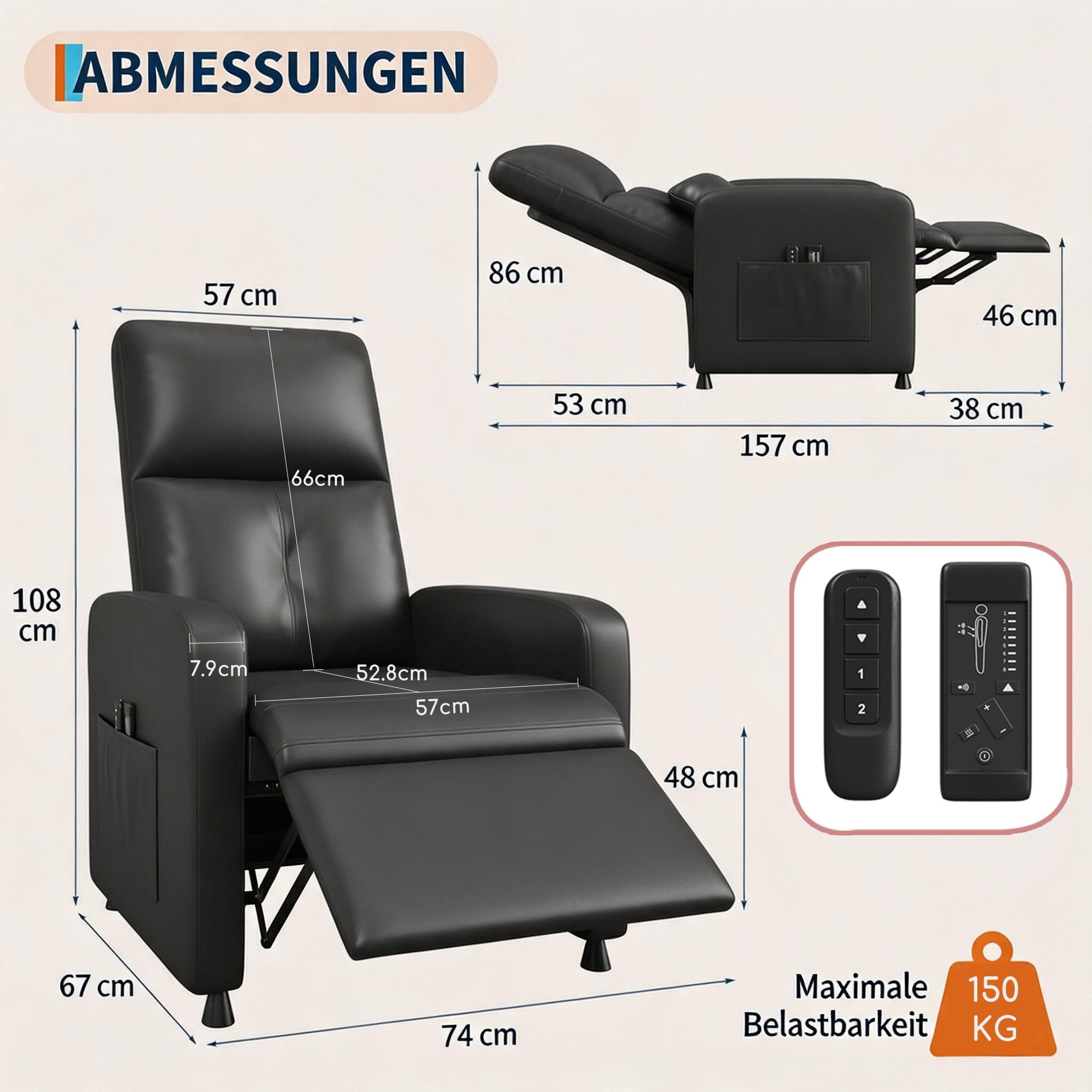 Elektrischer Massagesessel mit Aufstehhilfe, 8 Massage-Modi | Heizfunktion, Liegefunktion, Hohe Rückenlehne, gepolsterter PU-Ledersitz, USB-Anschluss, Seitentaschen & 2 Getränkehalter
