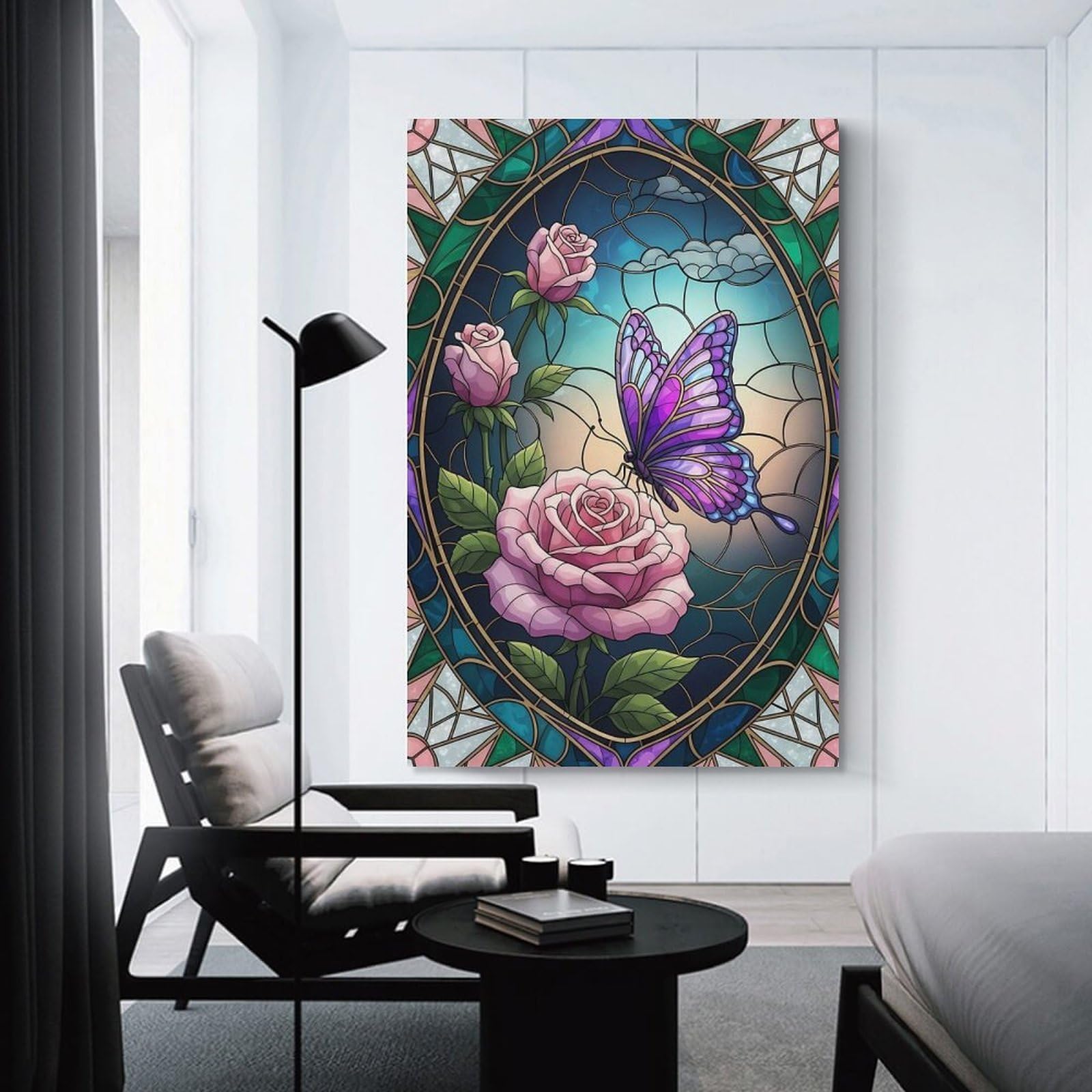 Junmoney Unframe-Style-17 Stained Glass Butterfly And Roses Home Decor Wall Art 24X36inch(60X90cm), For Bedroom, Guest Room Or Reading Nook, Decorative Wall Art For Cosy Rooms