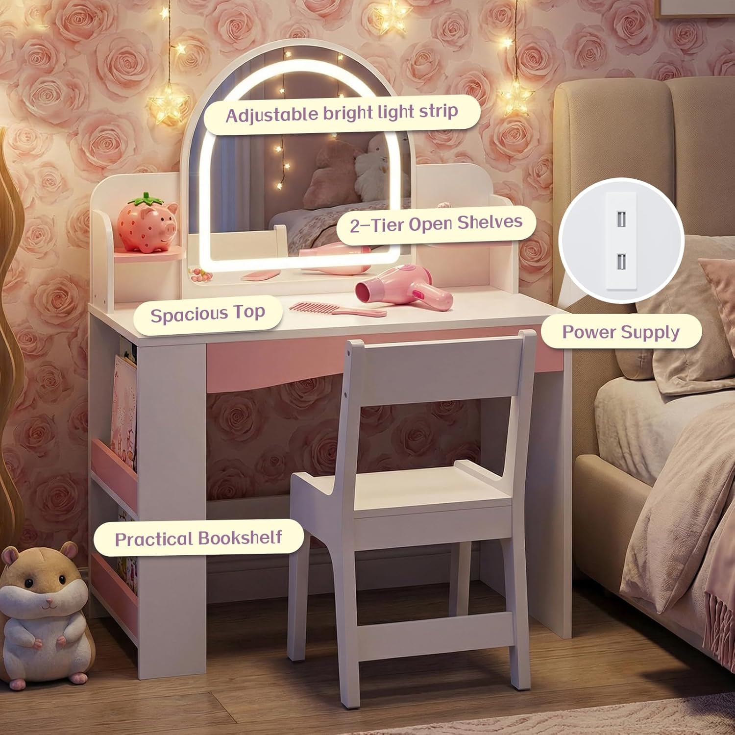 Teckid Kids Vanity Table and Chair Set with LED Lights, Toddler Makeup Vanity Desk for Girls with Storage Shelves, Open Bookshelf and Stool, Princess Dressing Table Furniture for Kids Room, White
