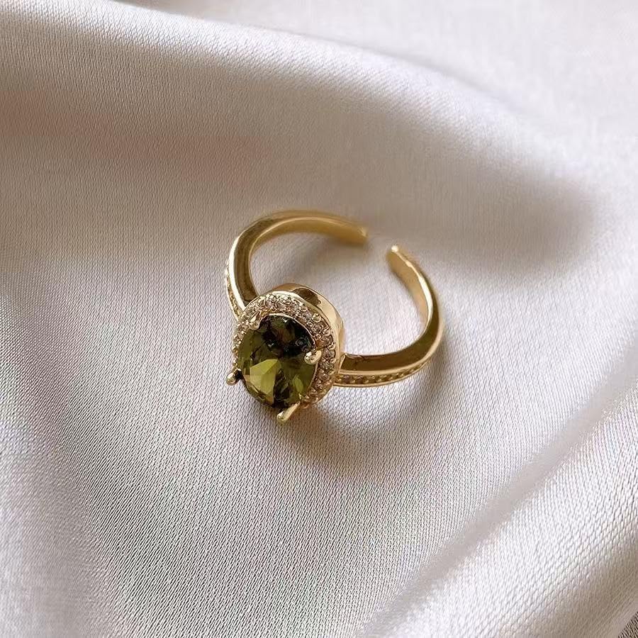 Elegant Gold Plated Ring with Oval Green Crystal and Rhinestone Accents, Adjustable - Image 8