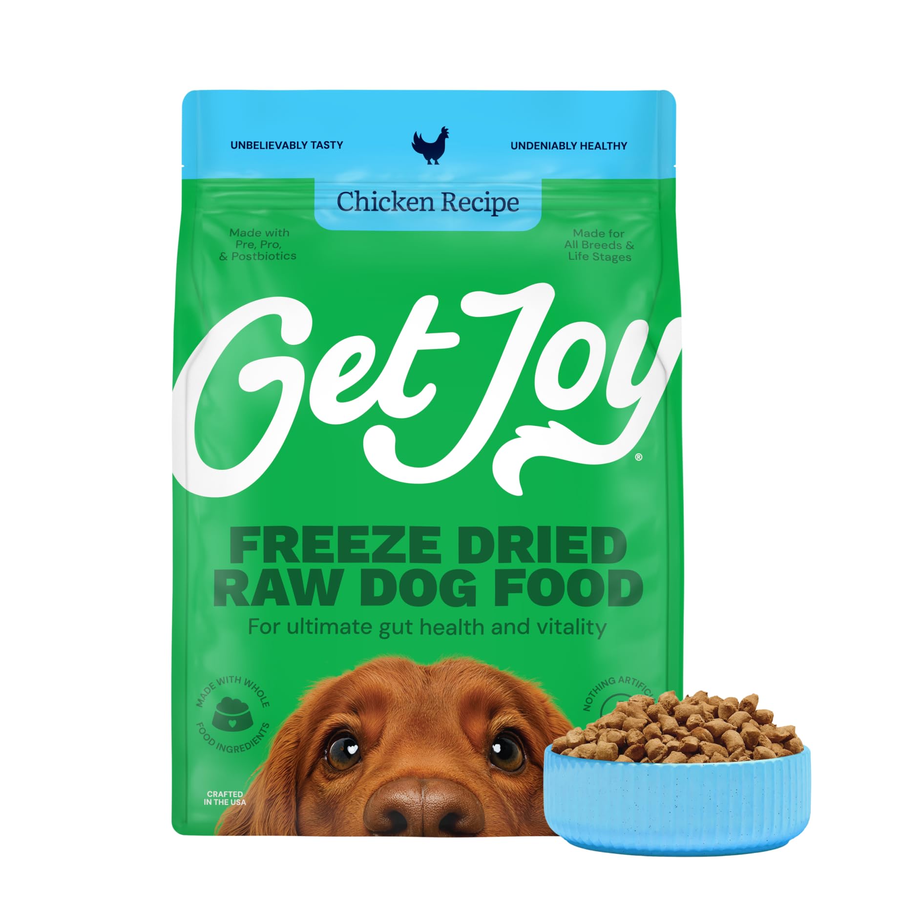 Get Joy Freeze Dried Raw Chicken Dog Food, High Protein Grain Free Meal, Topper & Treat, Gut Health Support with Probiotics, Small to Large Breed,