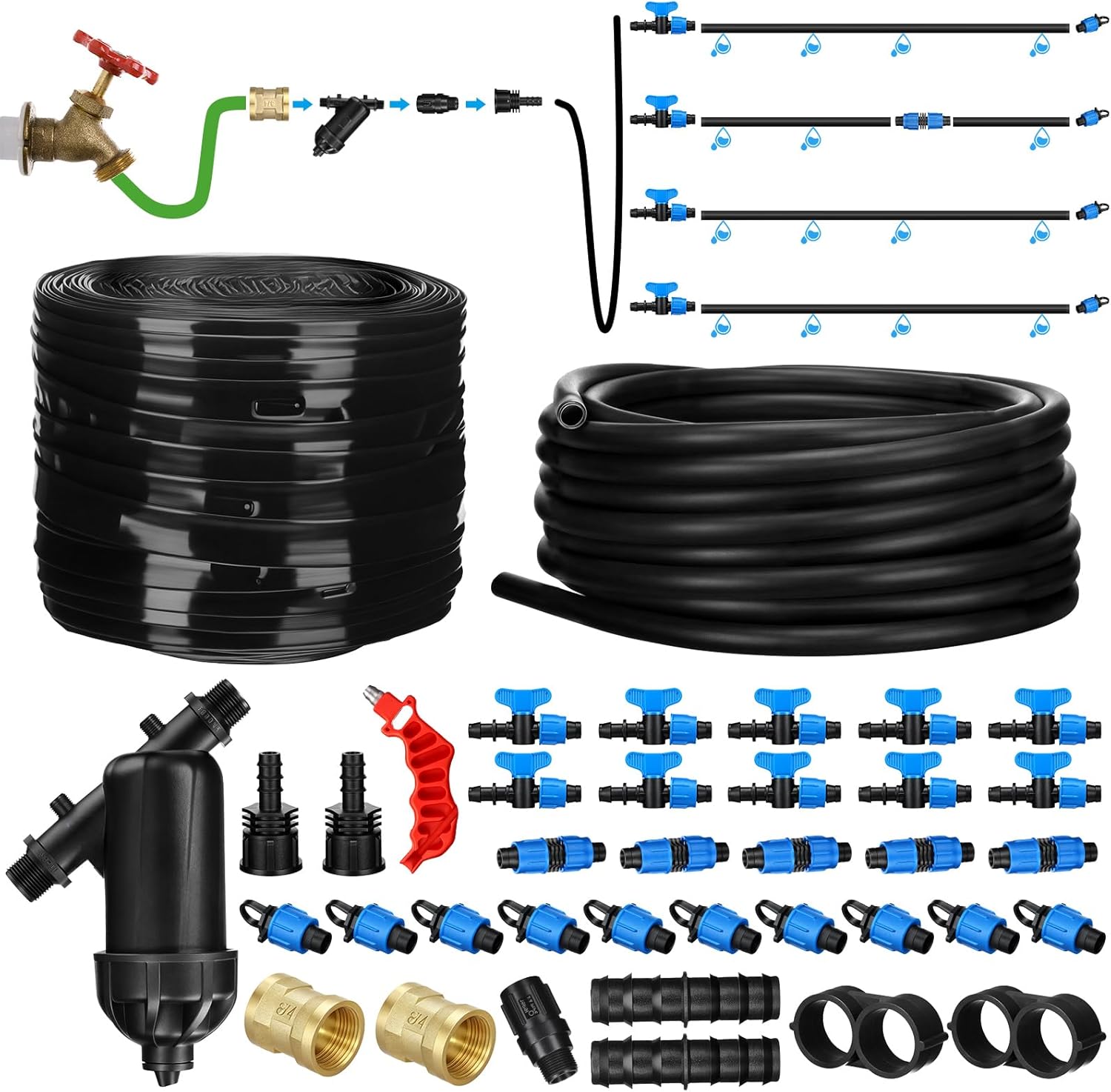 Treela 500ft Automatic Drip Irrigation System Kit for Watering Row Crops, Garden Watering Misting System with 5/8 inch Drip Tape Water Timer and Accessories, Waters Upto 10 20' Rows