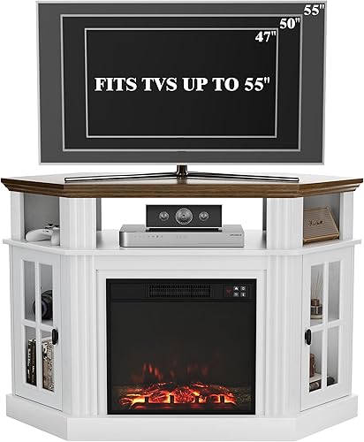 Miniatura 3 de Furmax Soporte esquinero para TV de hasta 65 pulgadas, consola de TV con chimenea eléctrica de 18 pulgadas, moderno centro de entretenimiento con