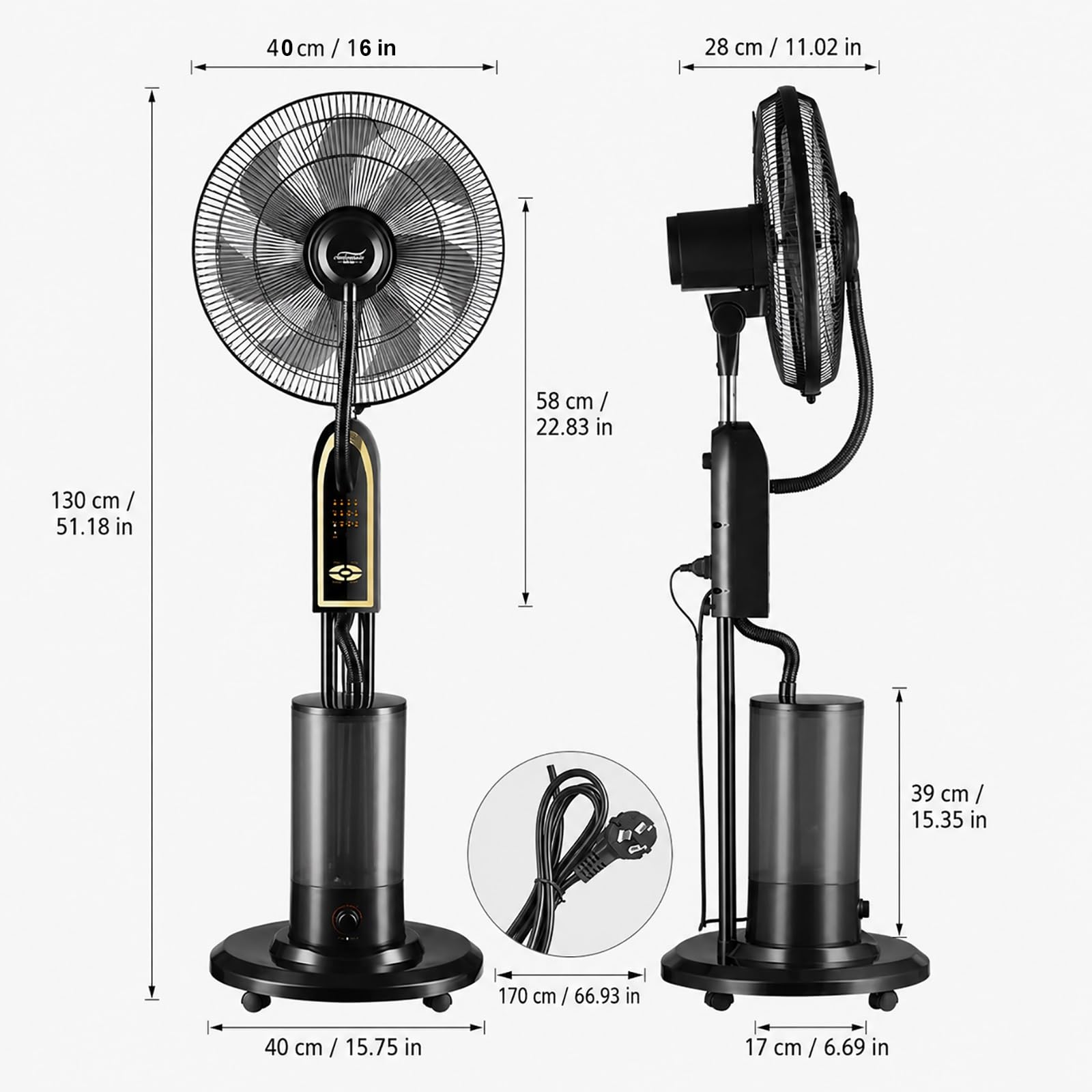 Remote Control Misting Fan with 3 Speeds, 40 cm/16 in Adjustable Tilt Stand Up Oscillating Pedestal Floor Fan with 4L Tank and Wheels, for Backyard, Garage, Patio