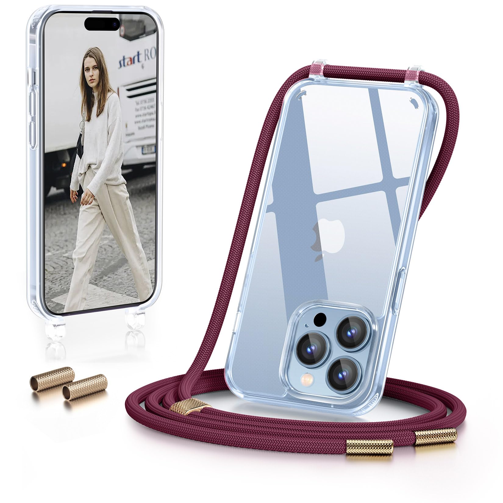 GOODVISH Cover Trasparente con Cordino per iPhone 15 Pro Max, Custodia con Regolabile Collana per iPhone 15 Pro Max 6.7'', [Antiurto] [AntiGraffio] [Antiscivolo] Case con Laccio Tracolla, Rosso vino