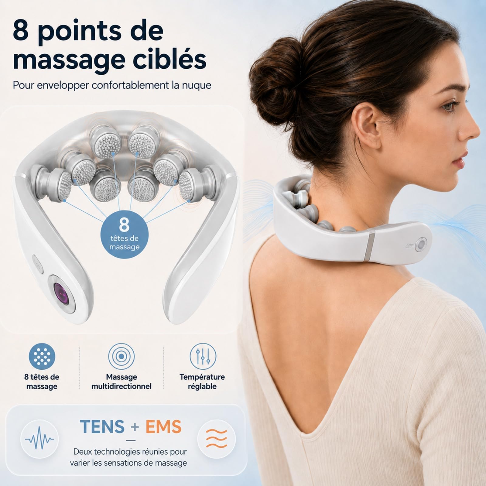 Masseur cervical 1800mAh 8 têtes de massage Conception ergonomique Massage multimodal Détendre les muscles du cou Blanc