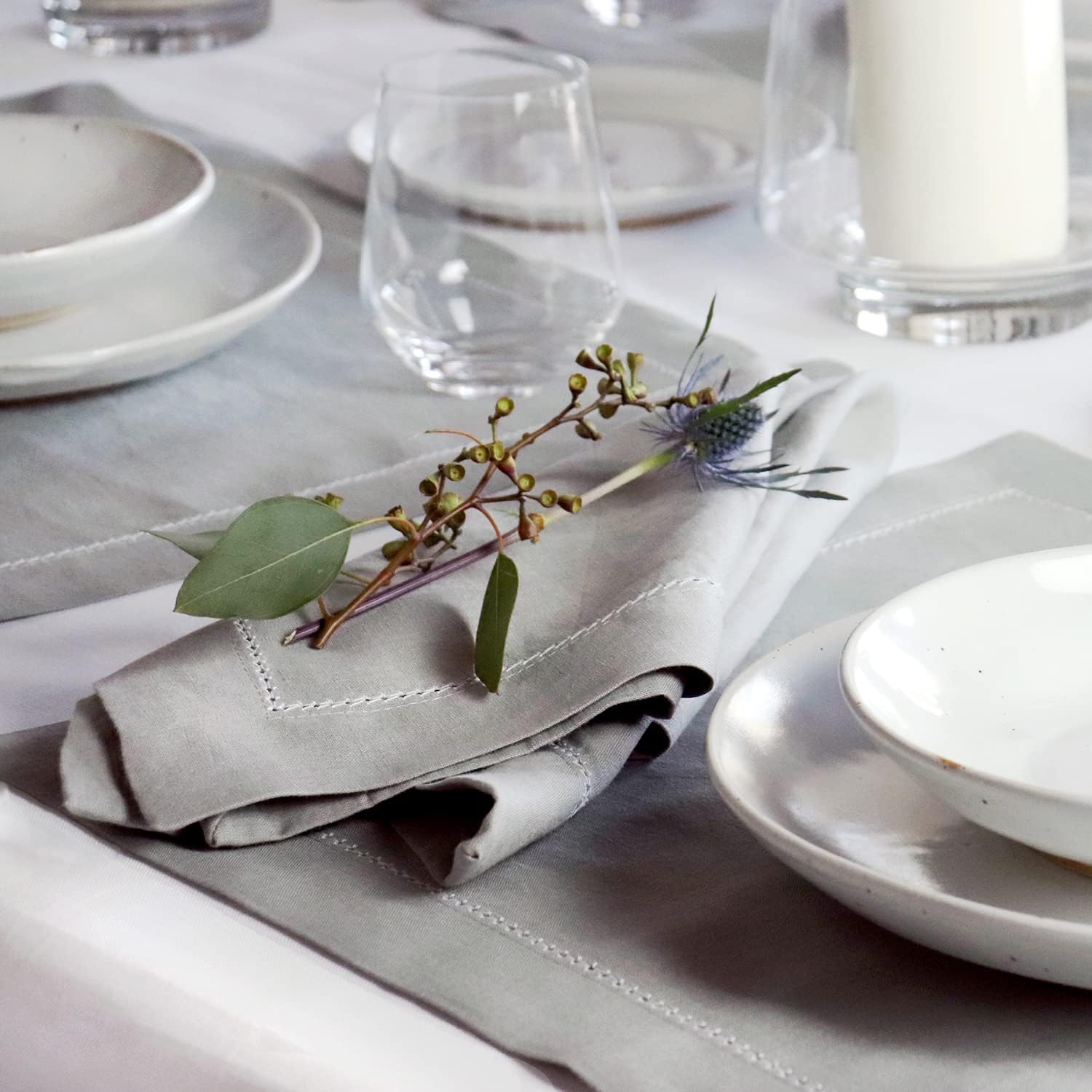 Huddleson Silver Grey Linen Placemat with Contrast White Hemstitch (Set of Six) Luxury Made in US