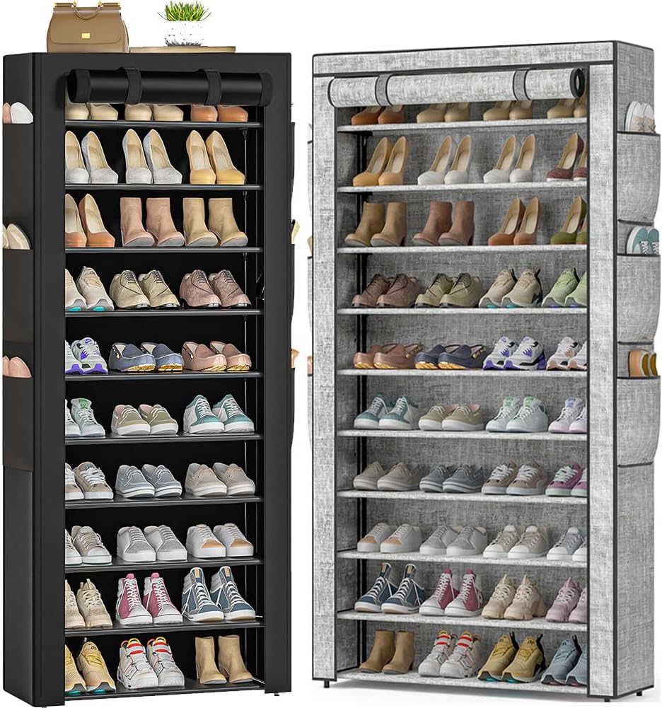 OYREL 10 Tier Dustproof Shoe Cabinet, Black Width23.6in, Printing Width33.3in, Large Capacity, for Closet, Entryway