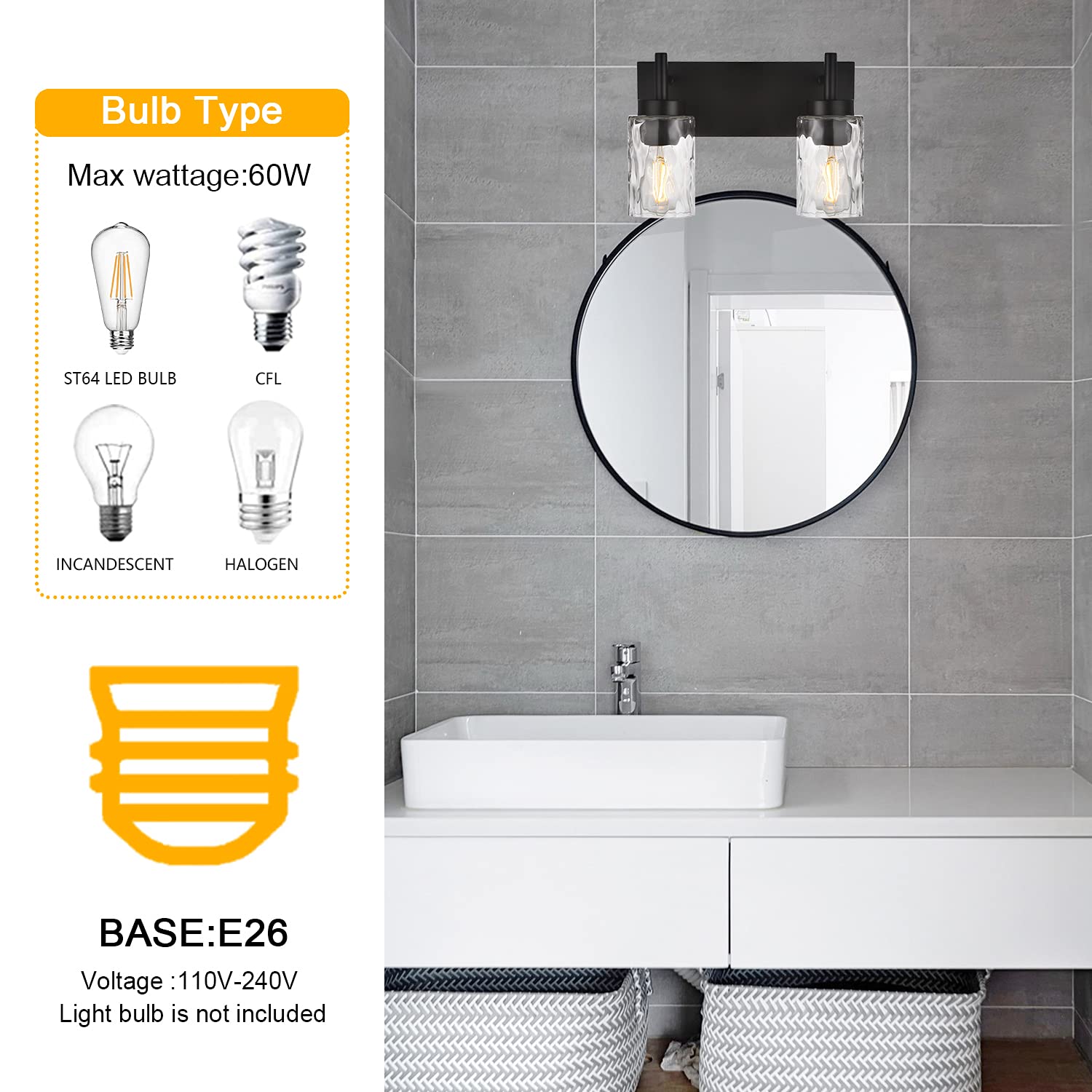 BONLICHT 2 Light Farmhouse Wall Sconce Vanity Lights Modern Black Bathroom Lighting Fixtures with Hammered Glass Shade,Industrial Porch Metal Wall Mount Lamp for Hallway Kitchen Bedroom Laundry Room