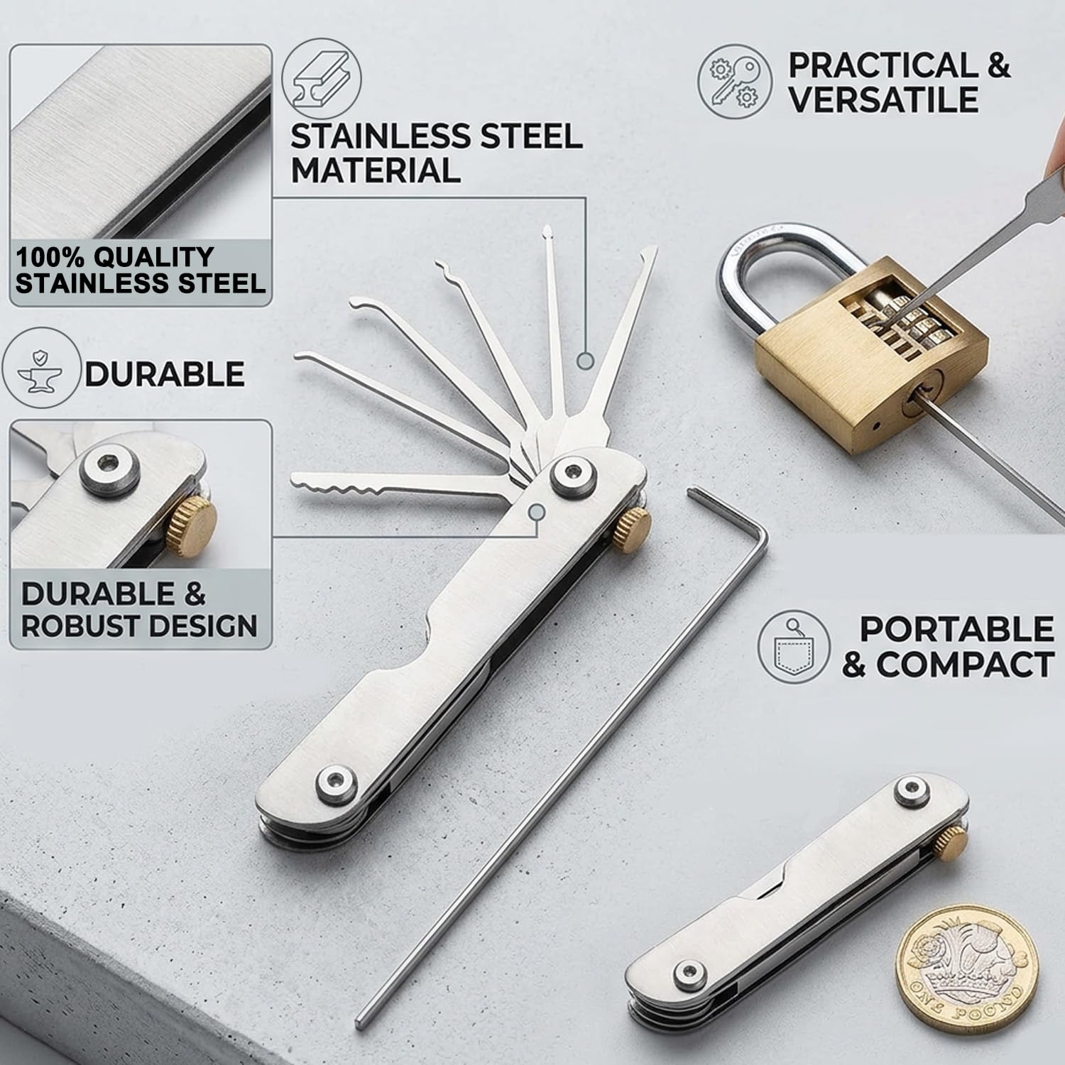 Kit di grimaldelli 7 in 1, portatile, pieghevole, in acciaio inox, per pratica e uso di emergenza, ideale per principianti
